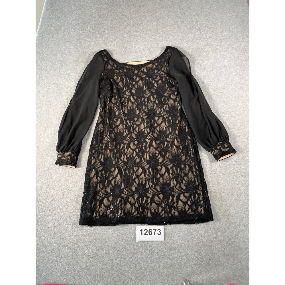 Scarlett Mini Dress Womens 12 Black Beige Lace Sequins Long Sleeve Formal Party